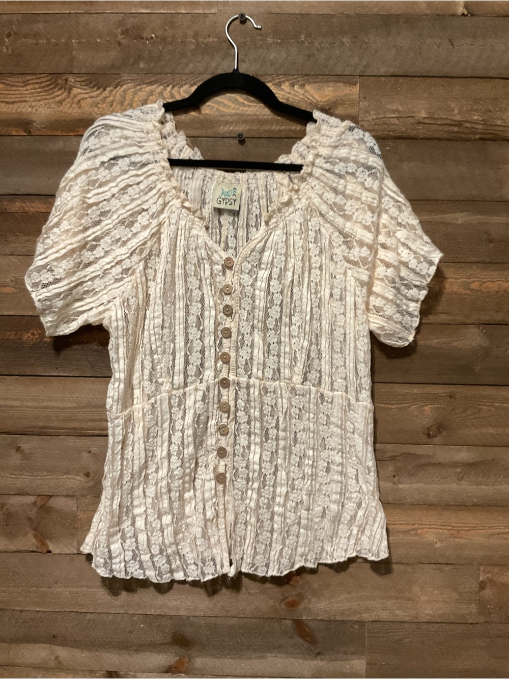 Jaded Gypsy Lacey Nights Top Cream Button Front Short Sleeve Top Size L/XL